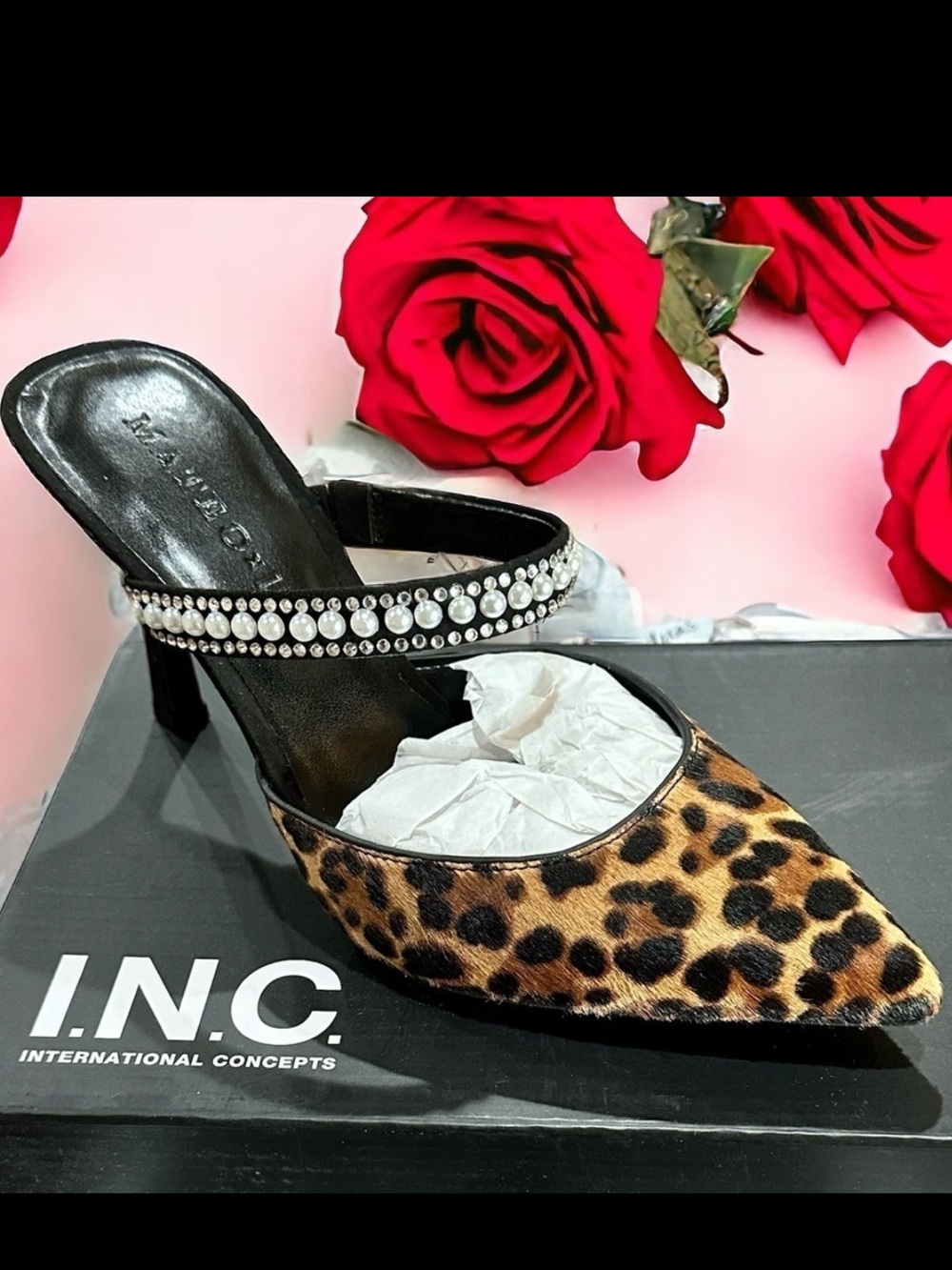 NEW INC Leopard print calf hair |  pearl and rhinestone | mule heels Sz 8.5
